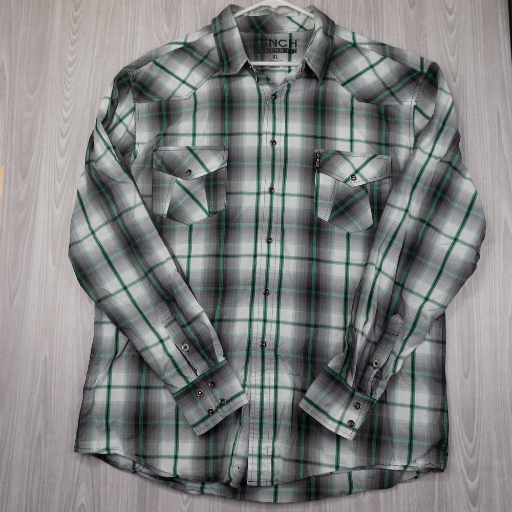 Cinch Modern Fit Mens XL Western Pearl Snap Shirt Green Grey Plaid Long Sleeve